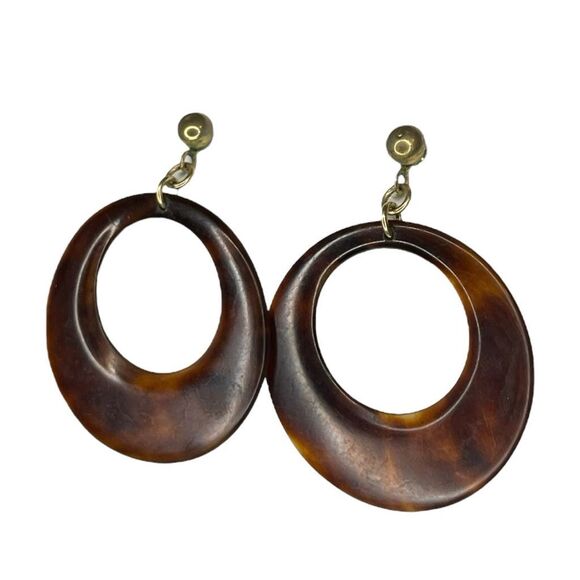Vintage 60s Bakelite Drop Earrings Brown Gold Tone Metal Circle Dangle - Picture 3 of 3